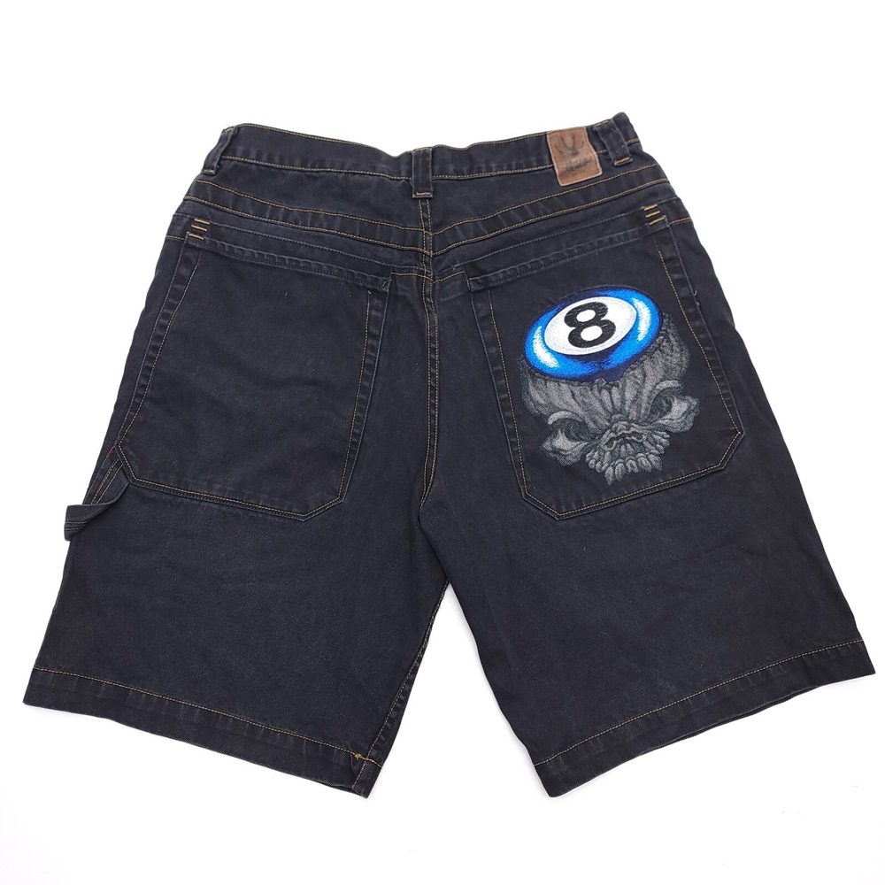JNCO Jeans Mens Black 8 Ball Skull Embroidered Carpenter Shorts 36 Vintage Y2K